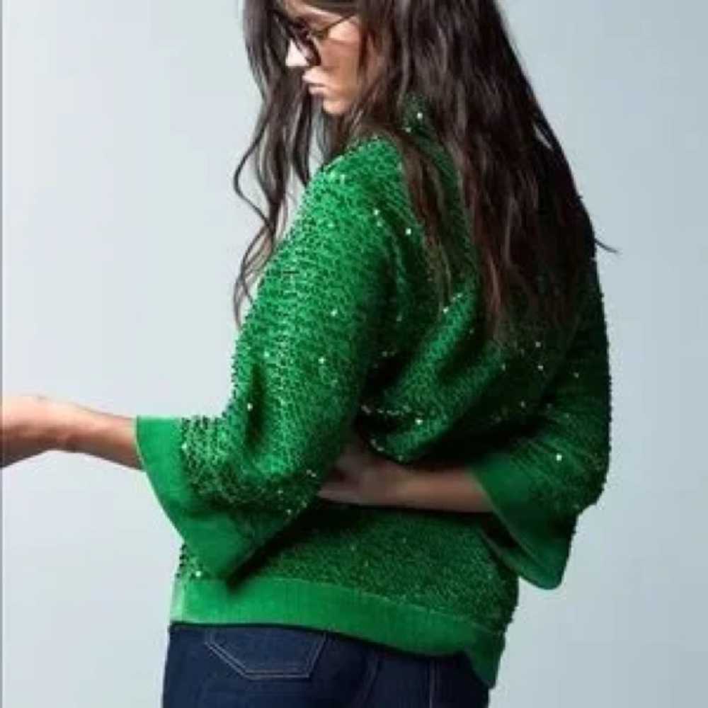 ZARA AW21 SEQUIN TOP BLOUSE GREEN Size Large - Picture 3 of 12